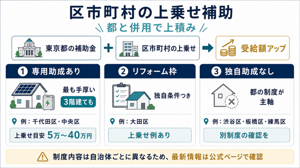 東京都の蓄電池補助金に区市町村の上乗せを併用すると受給額が増える仕組みを図解。専用助成あり、リフォーム枠、独自助成なしの3タイプと、千代田区・中央区、大田区、渋谷区・板橋区・練馬区の例を示している。