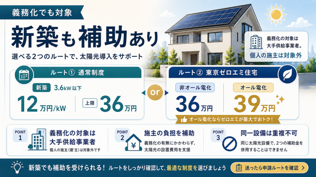 新築住宅も太陽光補助金の対象で、義務化の対象は大手住宅供給事業者であり施主個人ではないことを説明。通常制度は上限36万円、東京ゼロエミ住宅は非オール電化36万円、オール電化39万円で、同一設備への重複申請はできないと示す図解。
