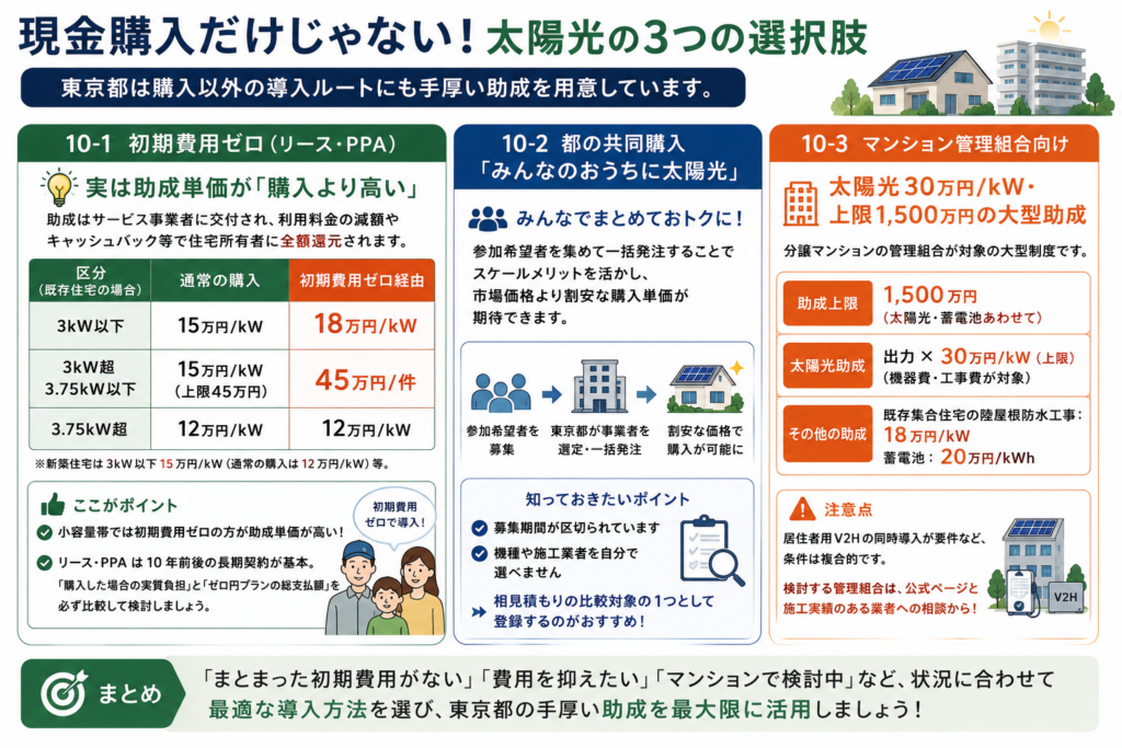 太陽光導入の現金購入以外の選択肢として、初期費用ゼロのリース・PPA、東京都の共同購入、マンション管理組合向け上限1,500万円の助成を比較し、契約条件や募集期間の確認が必要と示す図解。