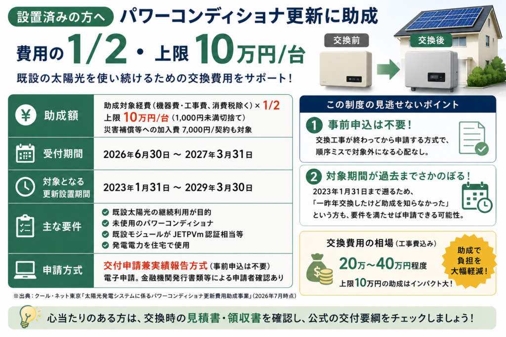 既設太陽光のパワーコンディショナ交換費用を2分の1、1台あたり上限10万円まで助成する制度を説明。事前申込は不要で、2023年1月31日以降の交換も要件を満たせば申請できる可能性があることを示す図解。