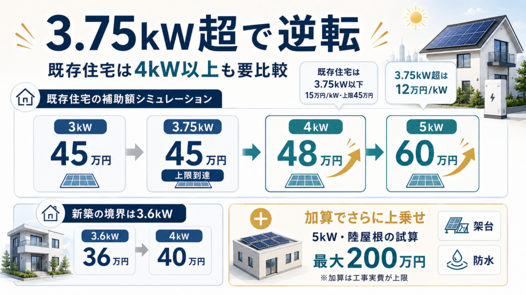 既存住宅の太陽光補助額が3kWと3.75kWでは45万円、4kWで48万円、5kWで60万円となり、3.75kW超で再び増える逆転現象と、新築の3.6kW境界、架台・防水加算で最大200万円となる試算を示す図解。