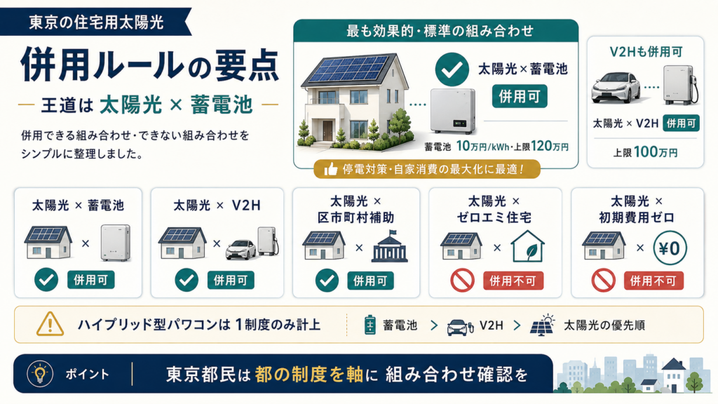 東京都の太陽光補助金は蓄電池、V2H、区市町村補助と併用でき、東京ゼロエミ住宅や初期費用ゼロ事業とは併用できないことを比較。ハイブリッド型パワコンの費用は、蓄電池、V2H、太陽光の優先順で一つの制度に計上すると示す図解。