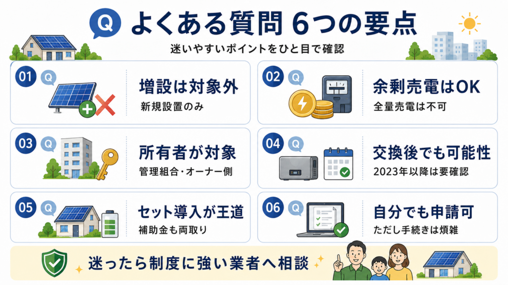 東京都の太陽光補助金に関する6つの要点として、パネル増設は対象外、余剰売電は可能、住宅所有者が申請対象、過去のパワコン交換も申請可能性があり、蓄電池とのセット導入や自己申請もできることを示す図解。