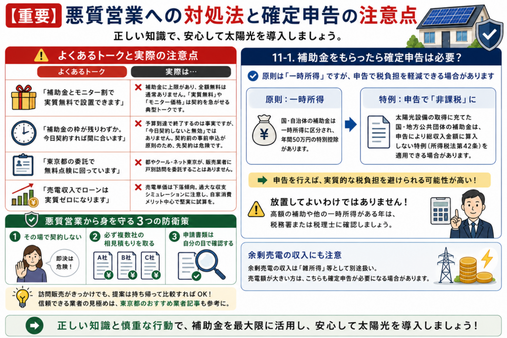 太陽光補助金を利用する際の悪質営業対策として、即決しない、複数社で相見積もりを取る、申請書類を確認する3つの防衛策を示し、補助金の確定申告や余剰売電収入の税務上の注意点を説明する図解。