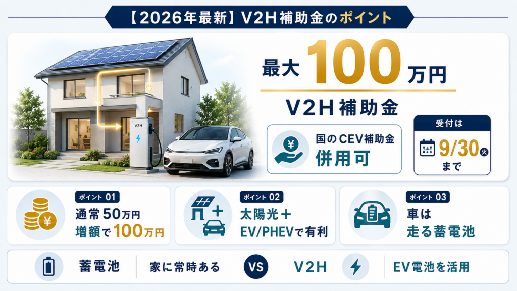 太陽光発電付き住宅とEVをV2H設備でつなぎ、東京都の補助金は通常最大50万円、増額時は最大100万円と説明。国のCEV補助金との併用、9月30日の受付期限、家庭用蓄電池は常時利用でき、V2HはEV電池を活用する違いも示している。