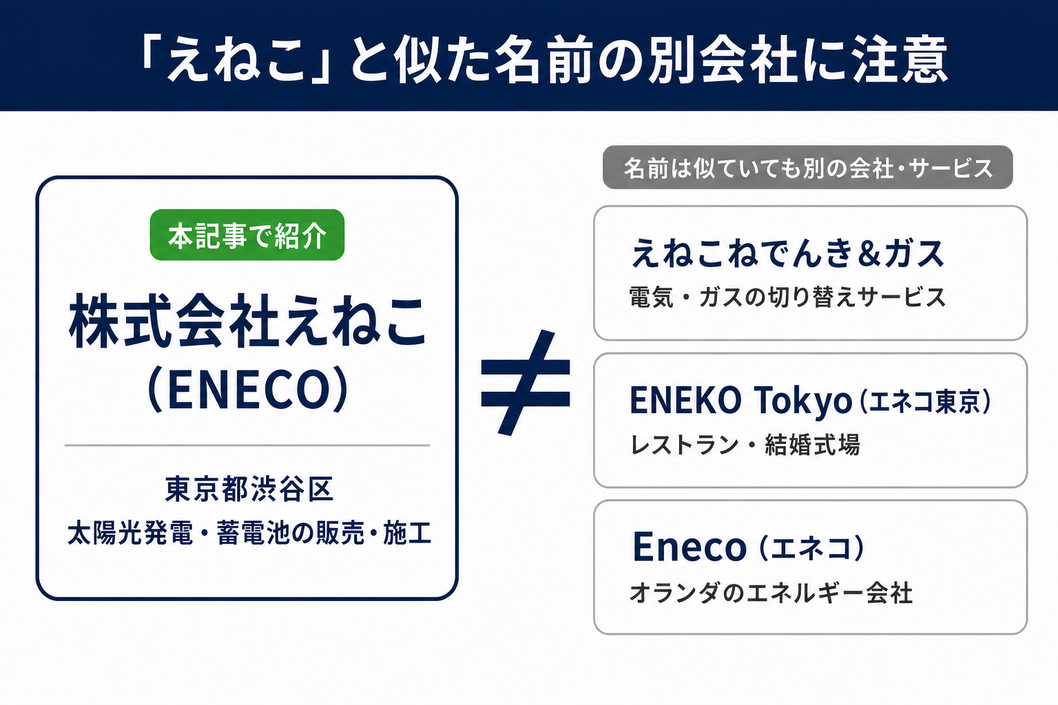 本記事で紹介する株式会社えねこ（東京都渋谷区・太陽光発電と蓄電池）と、名前が似た別のサービスや会社（えねこねでんき&ガス、ENEKO Tokyo、オランダのEneco）を区別する図解