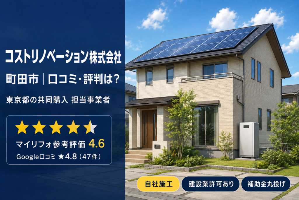 コストリノベーション株式会社（町田市）の口コミ・評判記事のアイキャッチ：青空の下の太陽光・蓄電池住宅とマイリフォ参考評価4.6、東京都の共同購入担当事業者