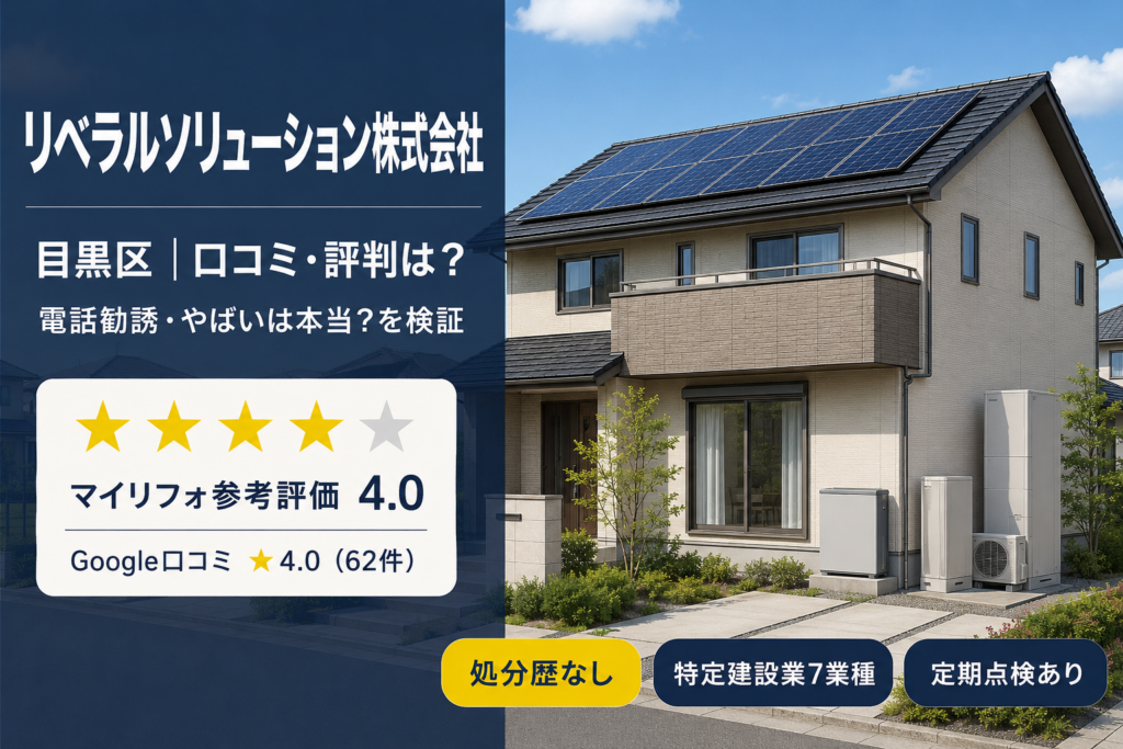 リベラルソリューション株式会社（目黒区）の口コミ・評判記事のアイキャッチ：日中の太陽光・蓄電池住宅とマイリフォ参考評価4.0、電話勧誘・やばいは本当かを検証
