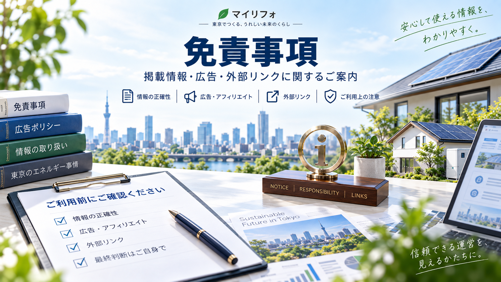 マイリフォの免責事項を表すアイキャッチ画像。東京の街並み、太陽光パネル付き住宅、情報マーク、広告・外部リンク・掲載情報の取り扱いを示す資料を配置。