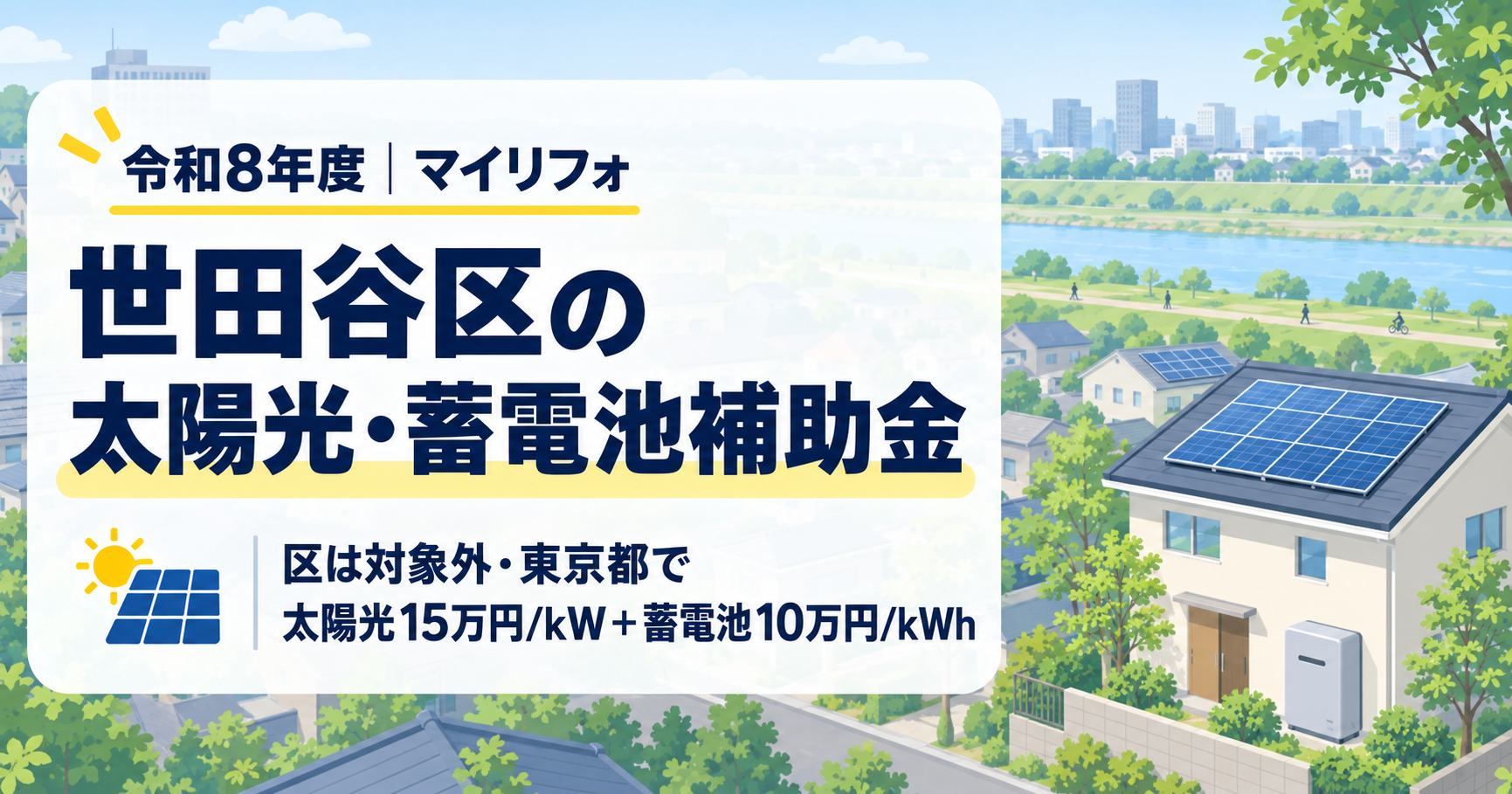 令和8年度の世田谷区の太陽光・蓄電池補助金を解説する記事のアイキャッチ。区は対象外で東京都の補助金が太陽光15万円/kW・蓄電池10万円/kWhであることを、世田谷の住宅街と多摩川の河川敷の風景を背景に示した画像