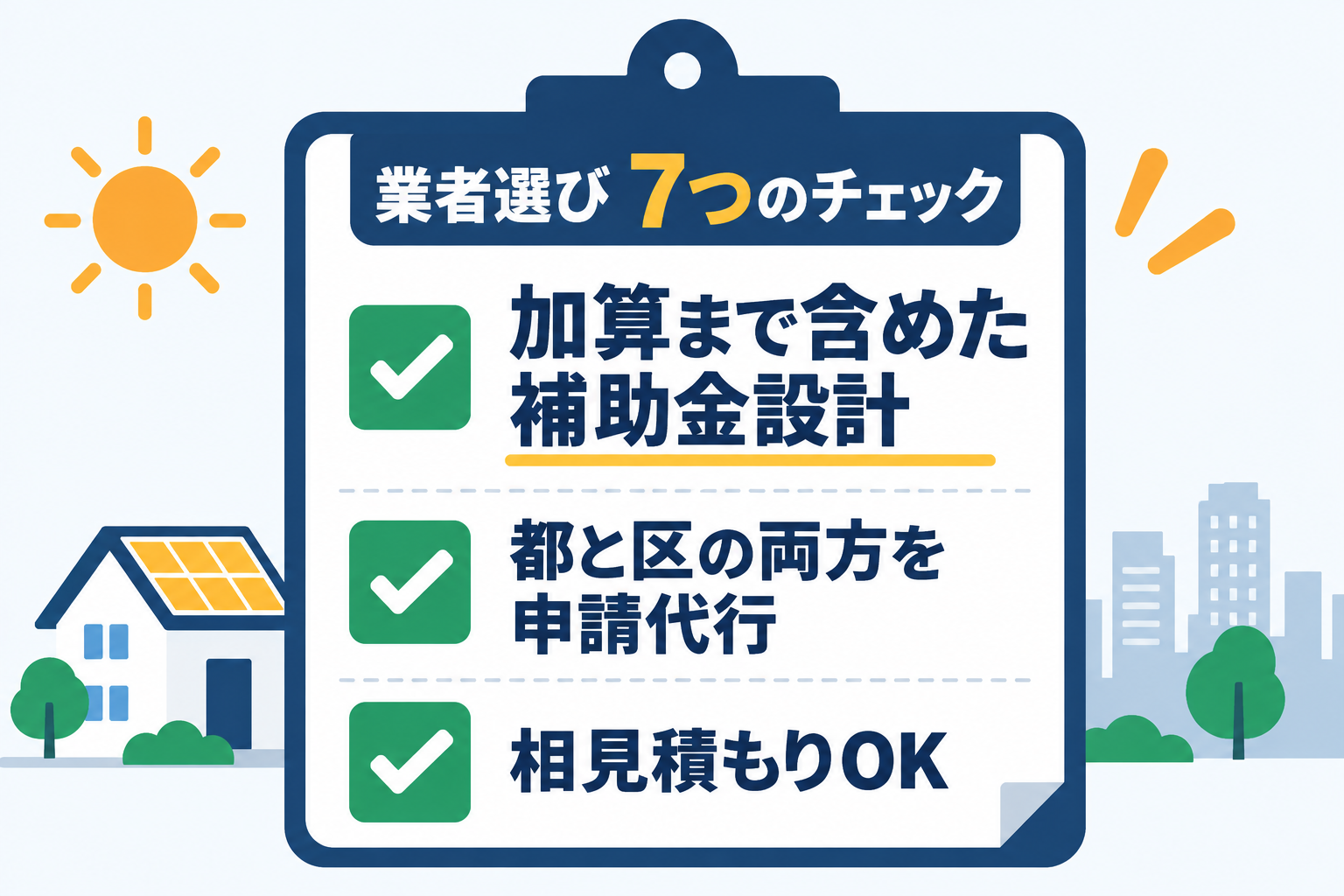 補助金に強い太陽光業者を選ぶ7つのチェックポイントのうち、加算まで含めた補助金設計ができるか、東京都と区の両方の申請を代行できるかが最重要であることを示した図解