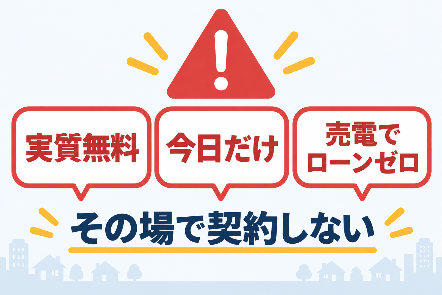 太陽光発電の訪問販売で注意すべき「実質無料」「今日だけ」「売電でローンゼロ」という3つのトークを注意マークとともに示した図解