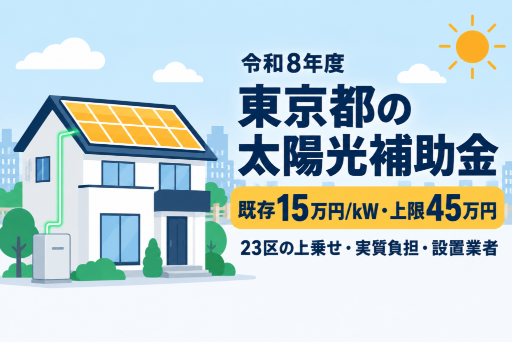 令和8年度の東京都太陽光発電補助金は既存住宅1kWあたり15万円・上限45万円。青空の下で屋根に太陽光パネルを載せた住宅と東京の街並みを背景に、23区の上乗せ・実質負担・設置業者まで解説する記事のアイキャッチ