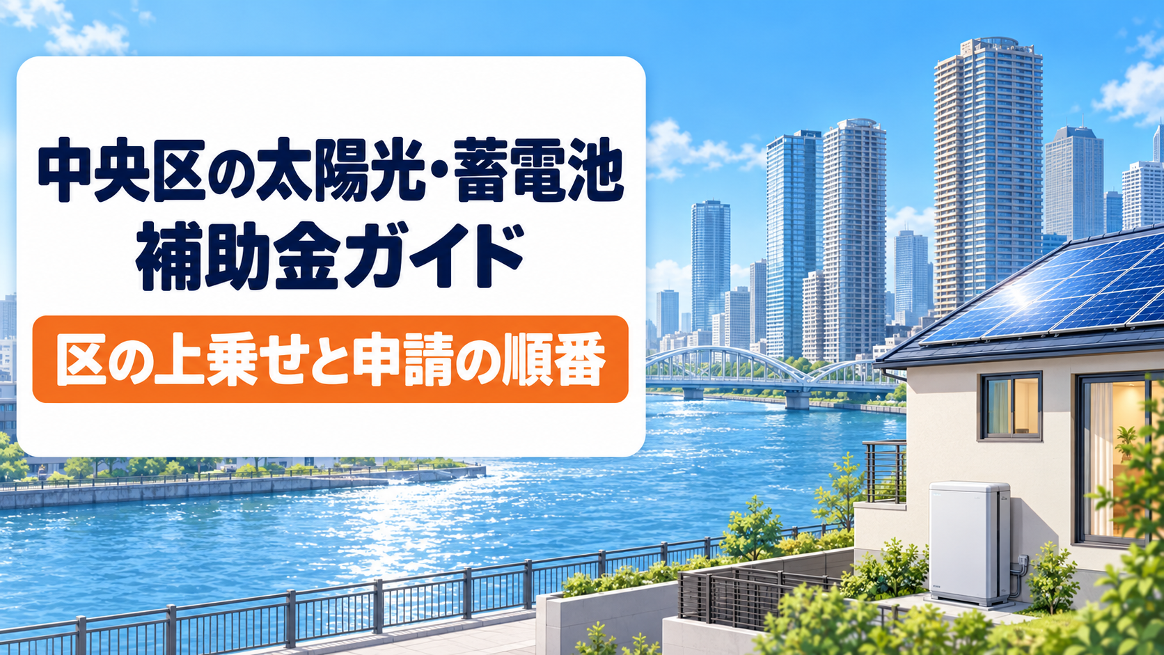 中央区の太陽光・蓄電池補助金のガイドのアイキャッチ画像。区の上乗せと申請の順番をまとめたページであることを示し、隅田川沿いの街並みと、屋根に太陽光パネルを載せた住宅を描いたイラスト
