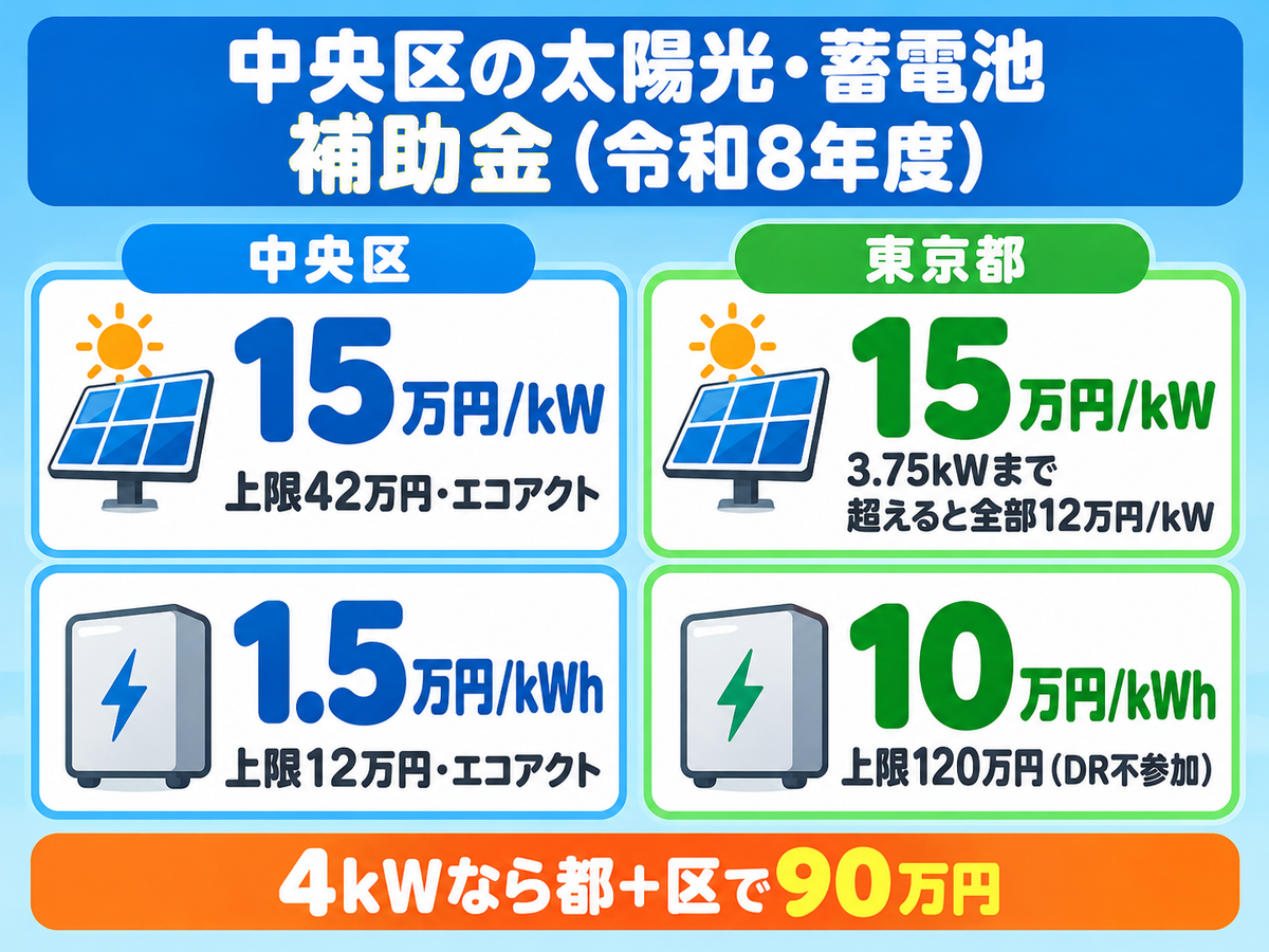 令和8年度の中央区の太陽光・蓄電池補助金の結論カード。中央区は中央エコアクトの取組で太陽光1kWあたり15万円（上限42万円）、蓄電池1kWhあたり1.5万円（上限12万円）、東京都は太陽光1kWあたり15万円（3.75kWまで。超えると全部が12万円）、蓄電池1kWhあたり10万円（DRに参加しない場合は上限120万円）で、太陽光4kWなら都と区で90万円になることを示した図解