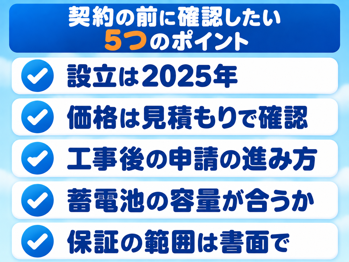えねこを利用する前に確認したい5つのポイントの図解。設立は2025年、価格は見積もりで確認、工事後の申請の進み方、蓄電池の容量が合うか、保証の範囲は書面で確認