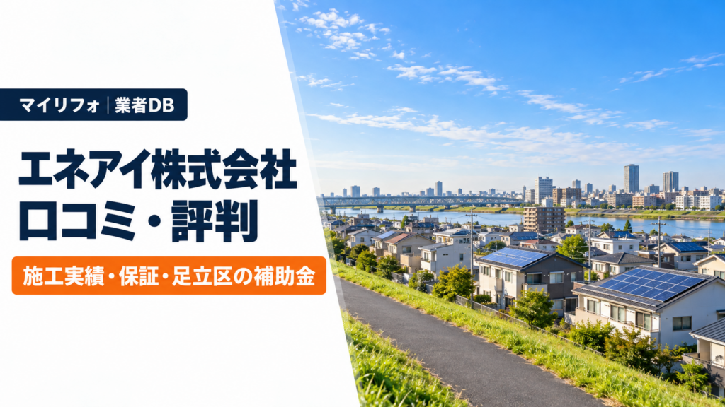 エネアイ株式会社の口コミ・評判を調べた記事のアイキャッチ。荒川の土手から見た足立区の住宅街で、屋根に太陽光パネルが並ぶ。施工実績・保証・足立区の補助金を調査