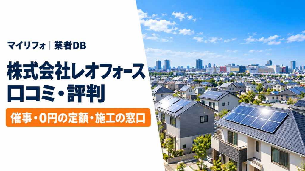 株式会社レオフォースの口コミ・評判を調べた記事のアイキャッチ。晴れた昼の東京の郊外の住宅街で、屋根に太陽光パネルが並び、奥に大きな商業施設の建物が見える。催事・0円の定額・施工の窓口を調査