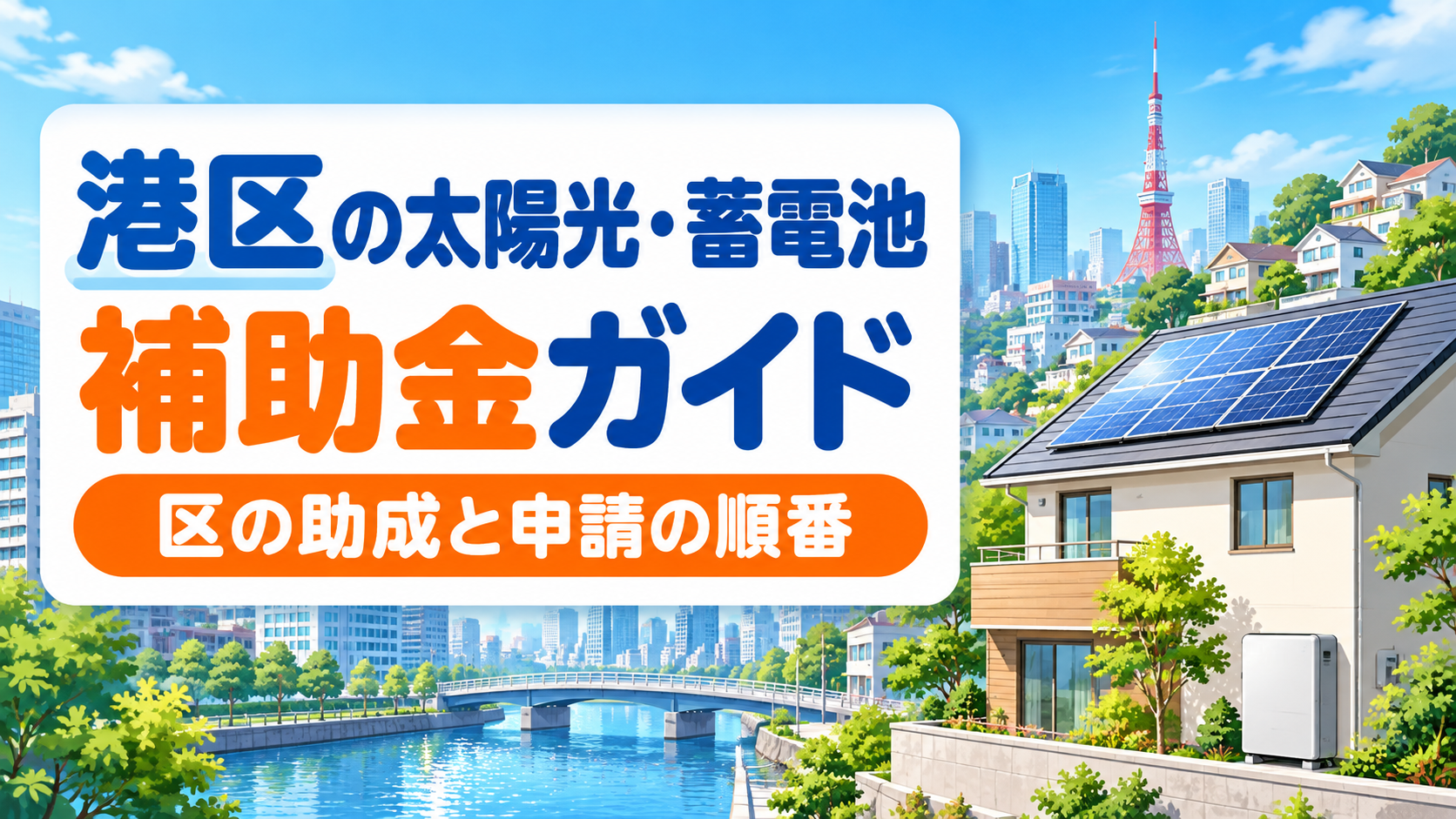 港区の太陽光・蓄電池補助金のガイドのアイキャッチ画像。区の助成と申請の順番をまとめたページであることを示し、運河と坂の上の住宅街、遠くの電波塔、屋根に太陽光パネルを載せた住宅を描いたイラスト