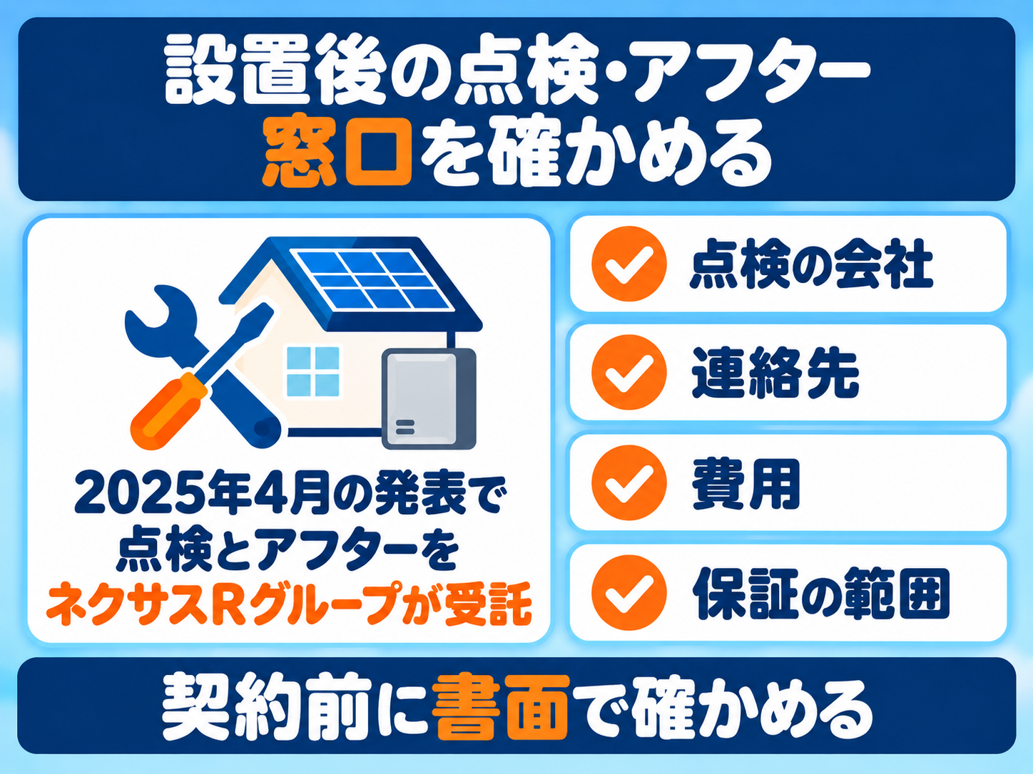 日本エコエネシステムの設置後の窓口の図解。2025年4月の発表で、点検とアフターの業務をネクサスRグループが受託。契約前に、点検の会社、連絡先、費用、保証の範囲の4つを書面で確かめる