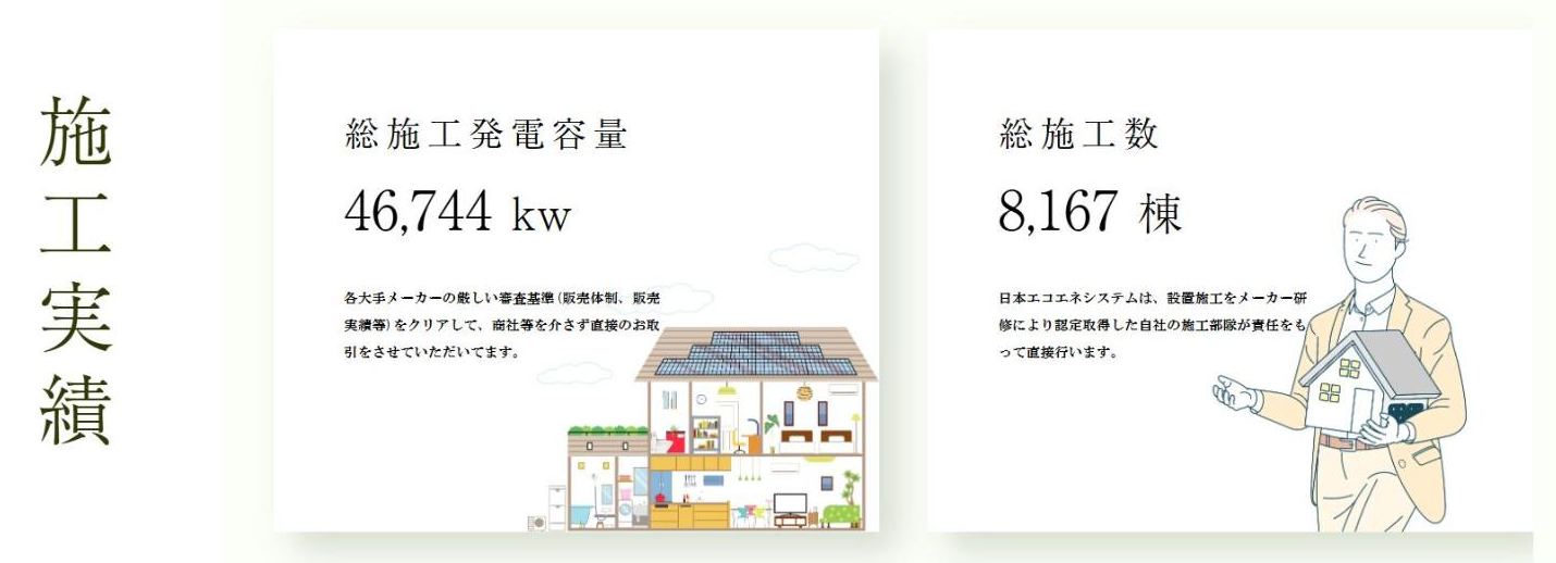 日本エコエネシステム公式サイトの施工実績の画面（2026年10月に撮影）。総施工発電容量46,744kwと総施工数8,167棟、自社の施工部隊が施工するという説明