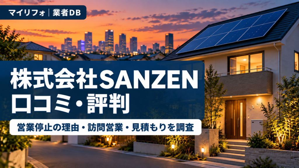 株式会社SANZENの口コミ・評判を調べた記事のアイキャッチ。夕方の東京の住宅街で、屋根に太陽光パネルが並び、奥に西新宿の高層ビルが見える。営業停止の理由・訪問営業・見積もりを調査