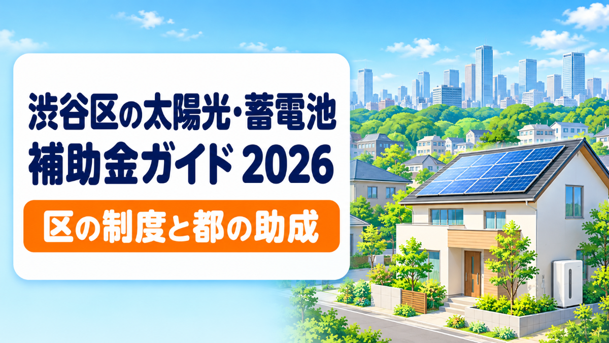 渋谷区の太陽光発電・蓄電池の補助金ガイド2026のアイキャッチ。屋根に太陽光パネルを載せた住宅と、代々木の森や高層ビルが見える渋谷区の街並みのイラストに「区の制度と都の助成」の帯を添えた画像