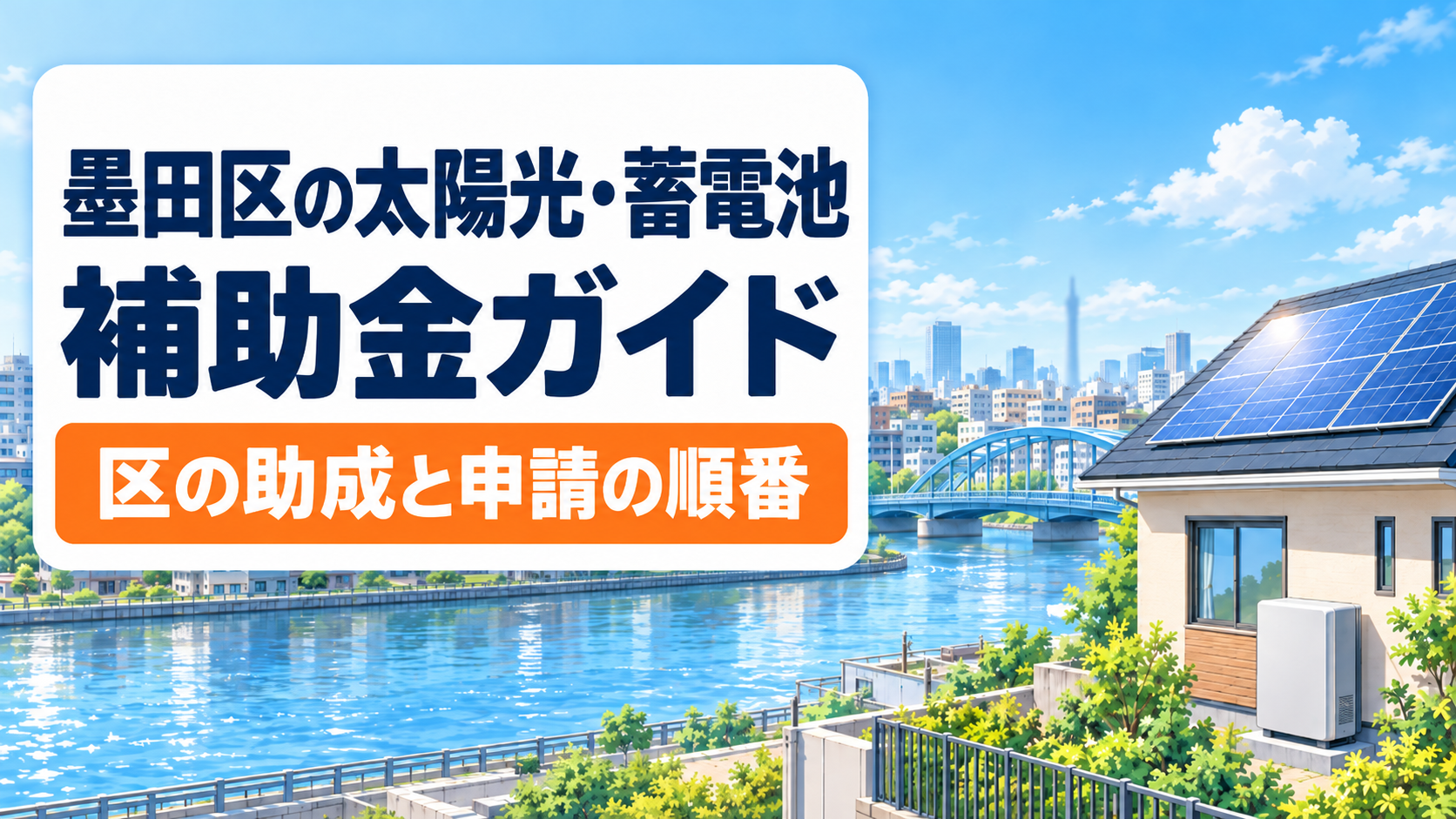 墨田区の太陽光・蓄電池補助金のガイドのアイキャッチ画像。区の助成と申請の順番をまとめたページであることを示し、大きな川とアーチの橋、川沿いの下町の家並み、遠くの高い電波塔、屋根に太陽光パネルを載せた住宅を描いたイラスト