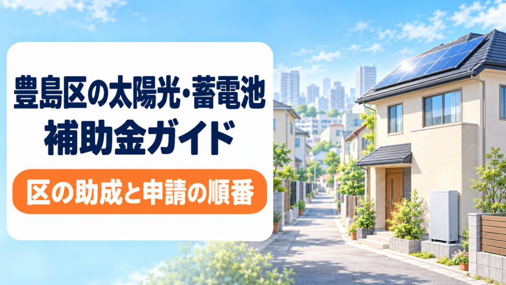 豊島区の太陽光・蓄電池補助金のガイドのアイキャッチ画像。区の助成と申請の順番をまとめたページであることを示し、低い家が建ち並ぶ落ち着いた住宅街と、屋根に太陽光パネルを載せた住宅を描いたイラスト