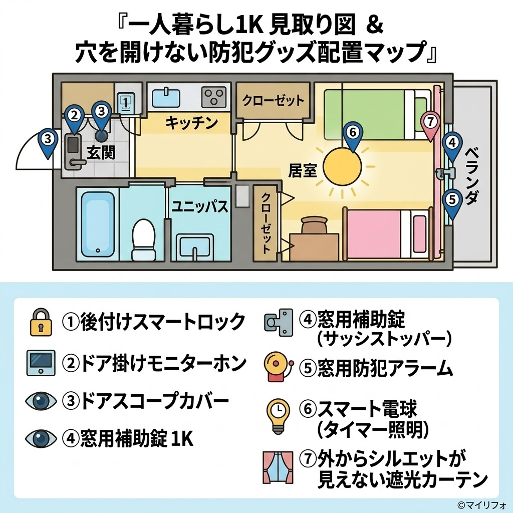 一人暮らし女性向けの賃貸1Kマンションの見取り図。壁に穴を開けずに設置できる防犯グッズの配置を1から7の番号で示しており、それぞれのグッズ(後付けスマートロック、ドア掛けモニターホン、ドアスコープカバー、窓用補助錠、防犯アラーム、スマート電球、遮光カーテン)の説明とアイコンが下に掲載されている。右下に「©マイリフォ」の透かしがある。