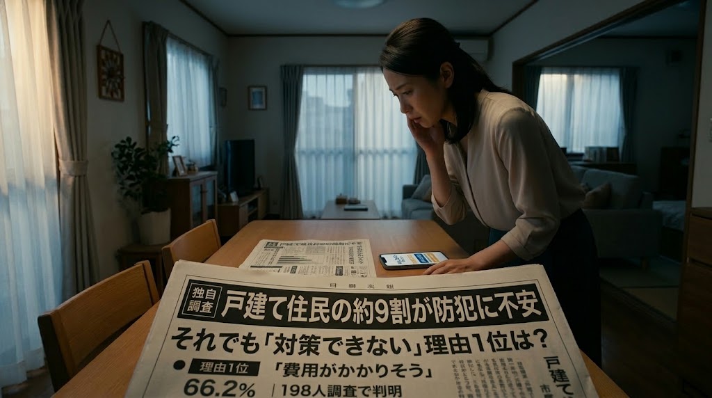 戸建て住宅の防犯対策に関する独自調査で、約9割が不安を感じる一方、対策できない理由1位が『費用』であるという新聞記事を見つめ、心配そうな表情をする日本人女性。