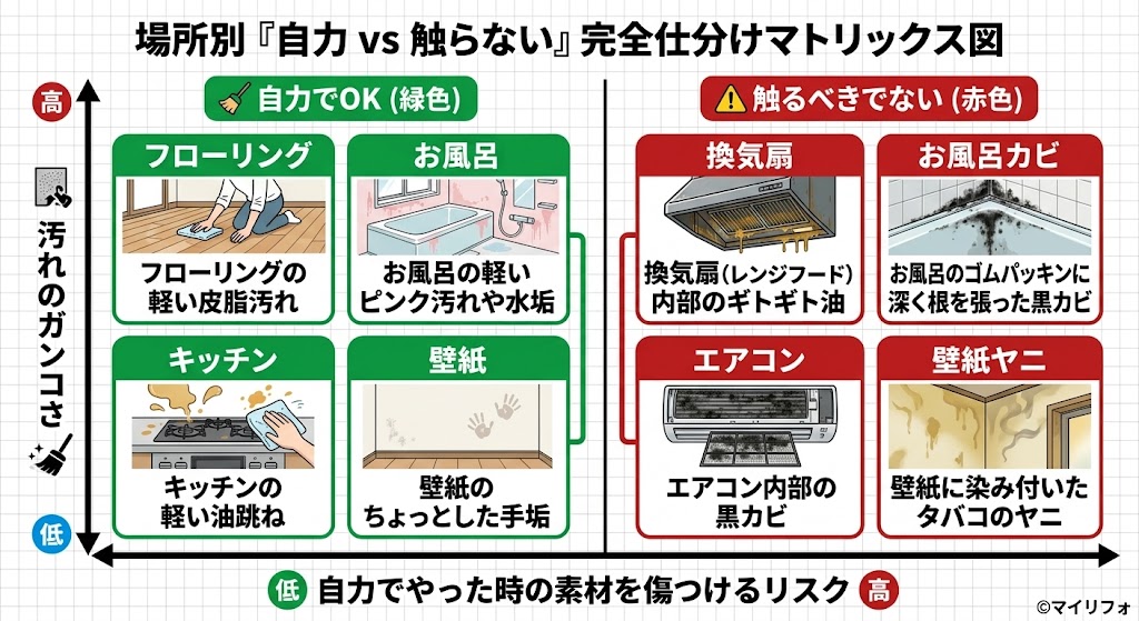 場所別『自力 vs 触らない』完全仕分けマトリックス図。退去時の掃除箇所を「汚れのガンコさ」と「素材を傷つけるリスク」で分類。緑色は「自力でOK」で、フローリング、お風呂、キッチン、壁紙の軽い汚れ。赤色は「触るべきでない」で、換気扇内部のギトギト油、ゴムパッキンの黒カビ、エアコン内部の黒カビ、壁紙のヤニ汚れ。