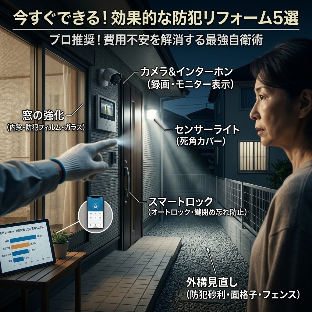 一戸建て住宅の玄関前で、心配そうな表情の中高年女性が防犯リフォームのコンサルティングを受けている様子。画像には「今すぐできる!効果的な防犯リフォーム5選」という大見出しと、特定の対策項目が示されている。録画機能付きカメラ&インターホン、内窓や防犯フィルムによる窓の強化、センサーライト、スマートロック、防犯砂利やフェンスなどの外構見直しが挙げられている。女性の近くには、セキュリティアプリと費用に関する棒グラフが表示されたタブレットがあり、プロが推奨する費用不安を解消する最強自衛術を紹介するSEOに最適化された画像。