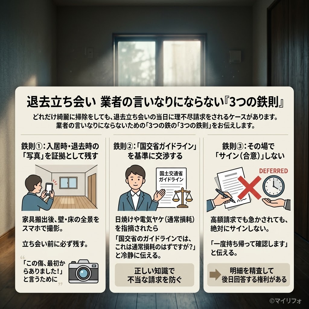 賃貸アパート退去時の立ち会いで、ぼったくり請求を防ぐための「3つの鉄則」を解説する図解。鉄則1「写真を証拠として残す」、鉄則2「国土交通省のガイドラインを基準に交渉する」、鉄則3「高額請求でもその場でサインせず後日回答する」。それぞれの鉄則に合わせたカメラ、天秤、拒否のアイコンイラスト。右下に「©マイリフォ」のロゴ。