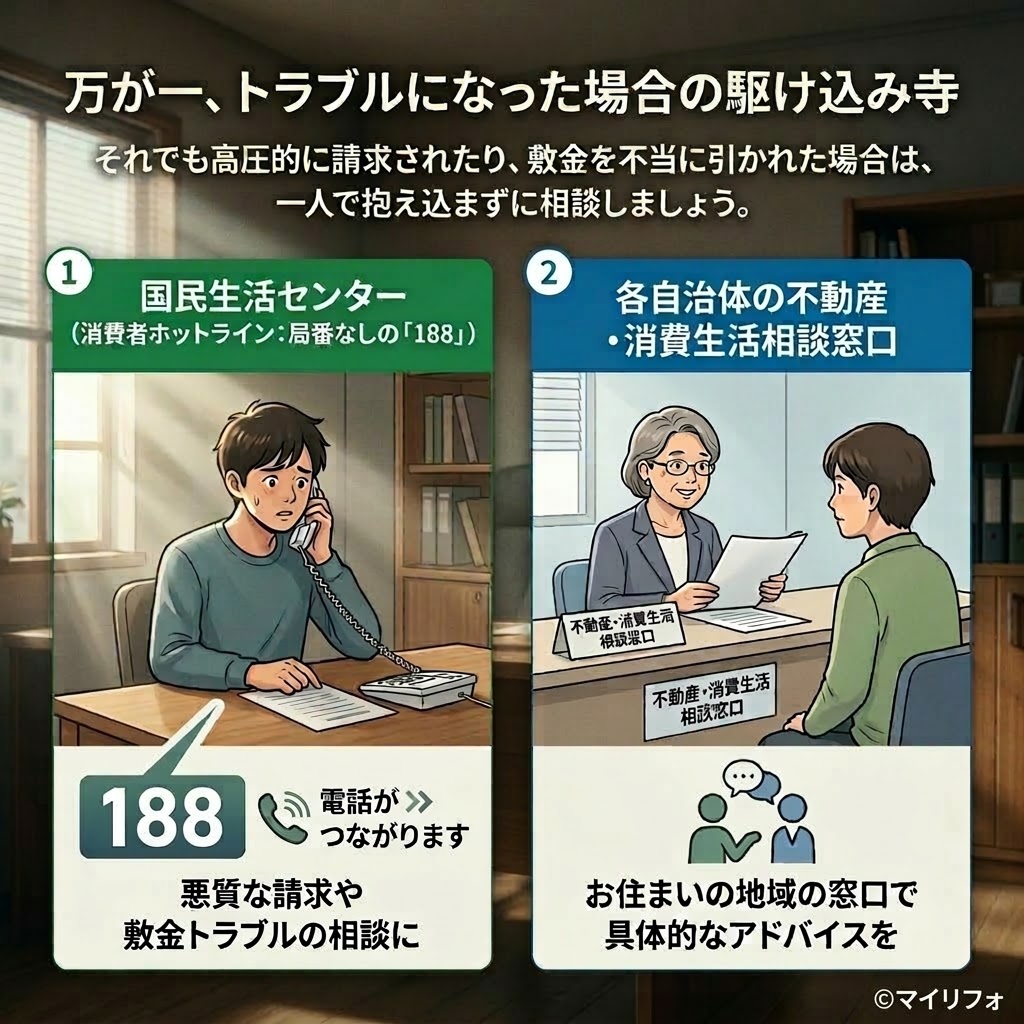 日本の賃貸住宅退去時の敷金トラブル（高額請求）に対する公的な相談窓口を紹介するインフォグラフィック。タイトルは「万が一、トラブルになった場合の駆け込み寺」。1番目は国民生活センター（消費者ホットライン188）で、心配そうな男性が電話相談しているイラストと共に、悪質な請求や敷金トラブルへの相談について説明。2番目は各自治体の不動産・消費生活相談窓口で、男性と相談員が対面相談しているイラストと共に、地域窓口での具体的なアドバイスについて説明。右下にMyRefoの透かしと「©マイリフォ」のロゴ。