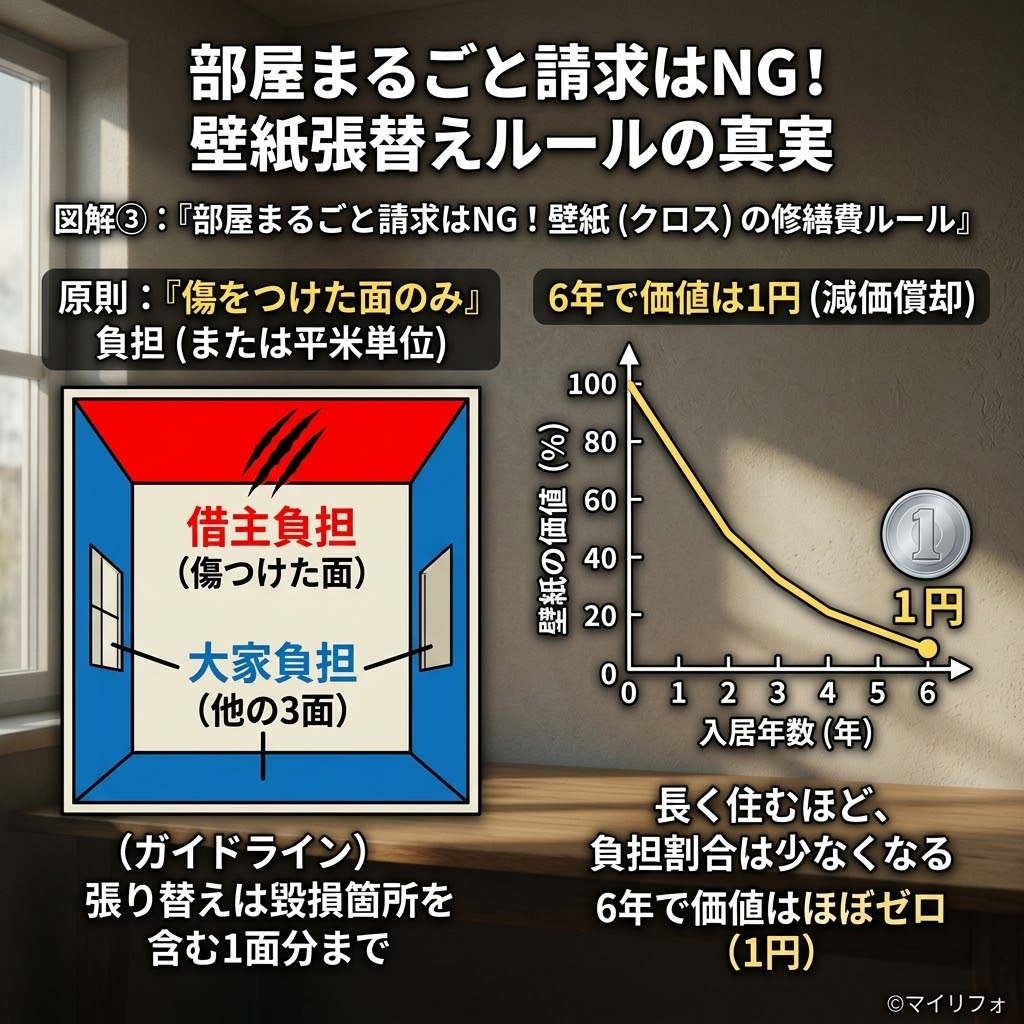 日本の賃貸アパート退去時の「壁紙張替えルールの真実」を解説する図解。左側は、借主が負担するのは「傷をつけた1面のみ」で、他の3面は大家負担であることを部屋の平面図で色分けして示している。右側は、壁紙の価値が「6年で1円（減価償却）」になり、入居年数が長いほど借主の負担が減ることを示すグラフ。全体として、部屋まるごとの請求は不当であることを伝える内容。タイトルは「部屋まるごと請求はNG！壁紙張替えルールの真実」。フッターに「©マイリフォ」のロゴ。