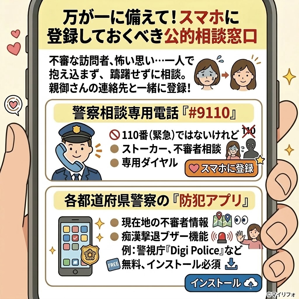 万が一に備えてスマホに登録しておくべき日本の公的相談窓口を紹介するインフォグラフィック。「警察相談専用電話 『#9110』」と「各都道府県警察の 『防犯アプリ』」の2つのセクションで構成されている。上部には、不審な訪問者や怖い思いをした際に一人で抱え込まず、躊躇せずに相談し、親御さんの連絡先と一緒に登録することを推奨するテキストと、不安な女性が安心するイラストがある。#9110のセクションでは、110番(緊急)ではないストーカーや不審者相談の専用ダイヤルであることが説明され、警察官と怖がる女性のイラストがある。防犯アプリのセクションでは、現在地の不審者情報や痴漢撃退ブザー機能、警視庁「Digi Police」などの例が挙げられ、無料・インストール必須であることが説明されている。スマートフォンと地図、ブザー、女性が撃退するイラストがある。各セクションには「スマホに登録」「インストール」のボタンがあり、実行を促している。右下には「©マイリフォ」のクレジットがある。女性の一人暮らしや防犯対策に役立つ情報。