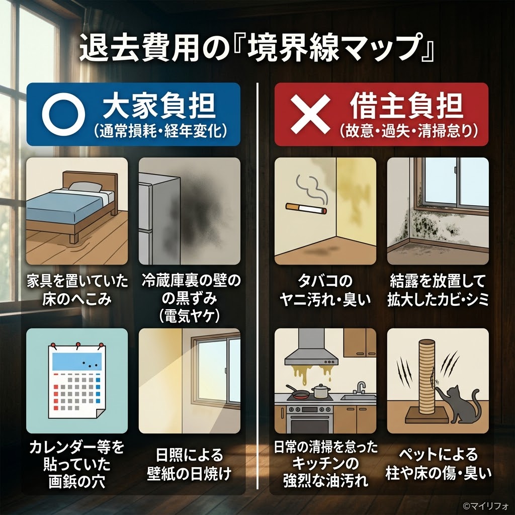 日本のアパート退去時の原状回復費用について、大家負担と借主負担の境界線を示す図解。左側は「大家負担（通常損耗・経年変化）」の例として、家具による床のへこみ、冷蔵庫裏の壁の黒ずみ（電気ヤケ）、画鋲の穴、日焼け。右側は「借主負担（故意・過失・清掃怠り）」の例として、タバコのヤニ汚れ・臭い、結露放置によるカビ・シミ、キッチンの強烈な油汚れ、ペットによる傷・臭い。