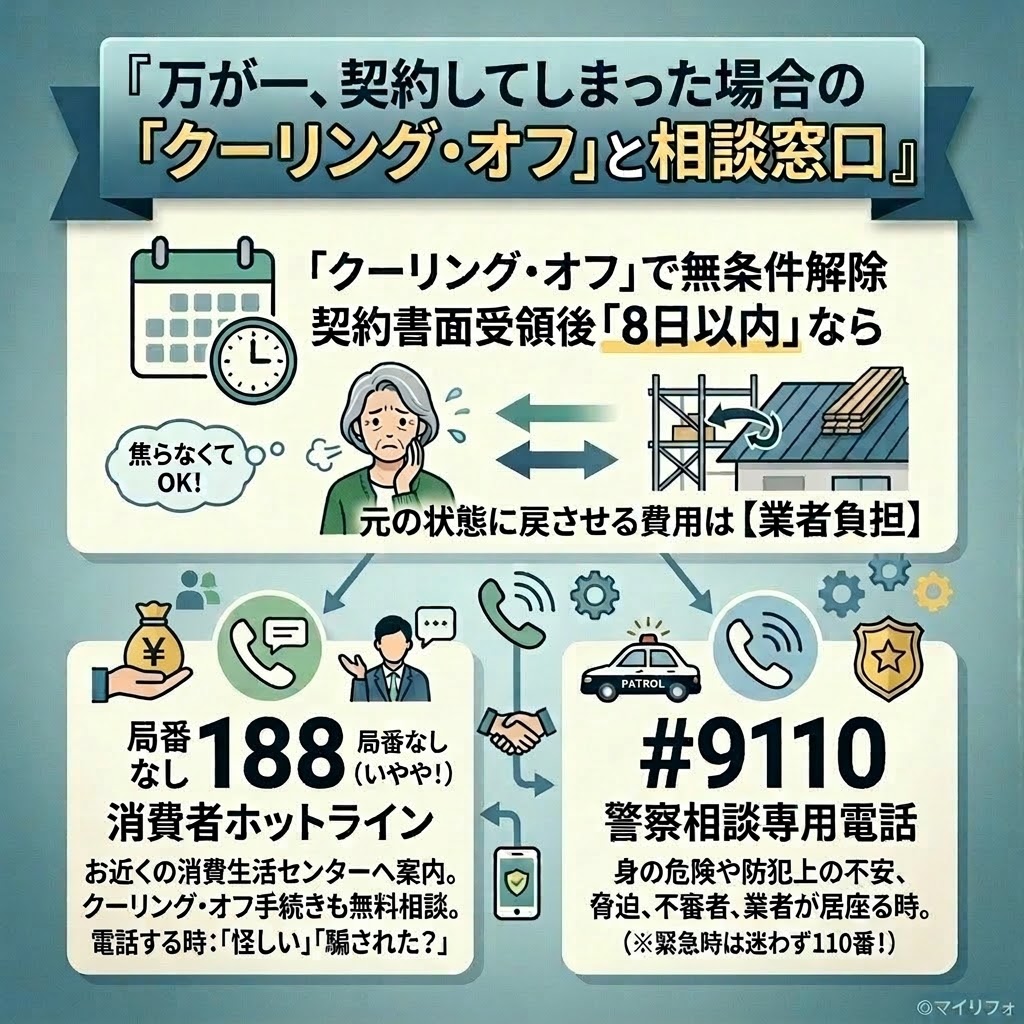 万が一契約してしまった場合の「クーリング・オフ」と相談窓口というタイトルのインフォグラフィック。上部では、クーリング・オフによる契約解除（法定書面受領後8日以内）について説明しており、焦らなくて良いこと、原状回復費用は業者負担であることを不安そうな女性と工事中の屋根のイラストで示している。下部では、2つの主要な相談窓口を紹介している。左側は、消費者ホットライン「局番なし 188」で、お近くの消費生活センターへの案内、無料相談、「怪しい」「騙された？」と感じた時の連絡先。右側は、警察相談専用電話「#9110」で、身の危険、脅迫、業者が居座る時などの連絡先、緊急時は110番。中央には相談プロセスを示す握手とスマホのアイコン。右下にはマイリフォのロゴがある。