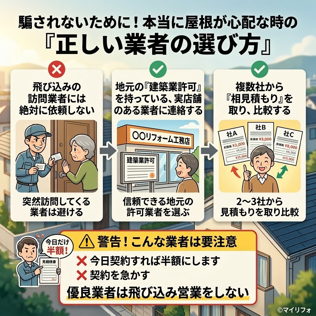 日本住宅街を背景としたインフォグラフィック。タイトルは「騙されないために！本当に屋根が心配な時の『正しい業者の選び方』」。3枚のフローチャートパネルがあり、1枚目（赤い✕印）は、高齢の女性がしつこい飛び込み営業マンを拒否し「今日だけ半額！」を提示されている様子。2枚目（緑の✓印）は、地元の実店舗と許可証を持った優良業者が紹介されている。3枚目（緑の✓印）は、男性が3社の相見積もり（Co A, Co B, Co C）を比較している。下部には、契約を急かす業者や即時値引きを提示する業者に対する黄色い警告ボックスと、結論「優良業者は飛び込み営業をしない」が記載されている。ストレスを感じているビジネスマンのアイコンも含まれている。右下に「©マイリフォ」のロゴ。全体的にクリーンなイラストスタイル。