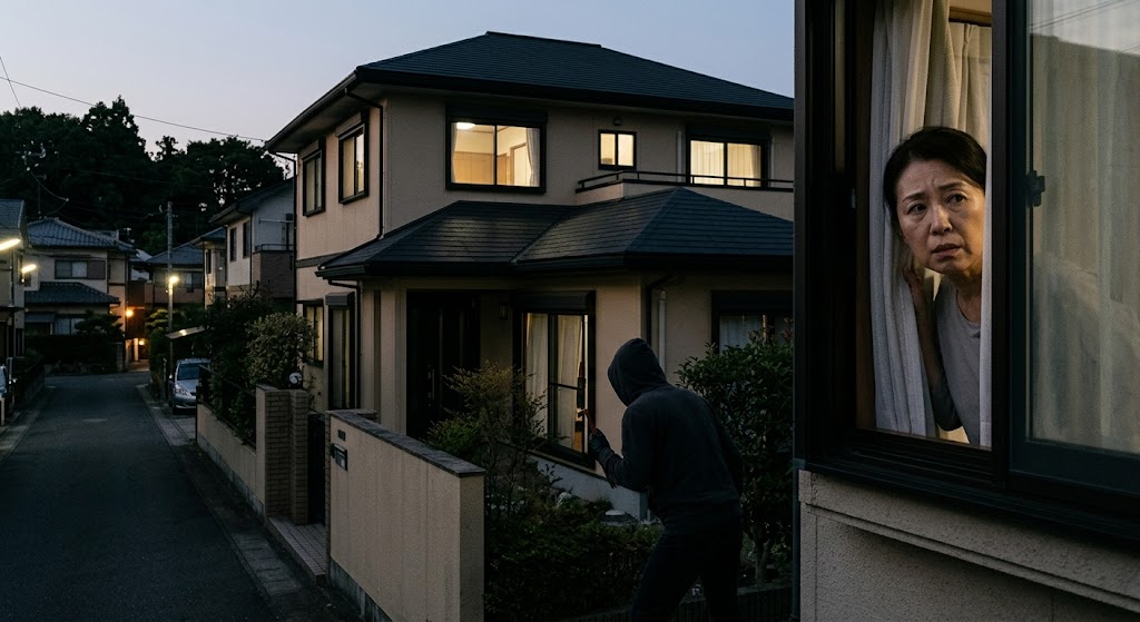 夕暮れの日本の住宅街で、カーテンの隙間から不安げに外を見つめる女性と、バールを手に庭を歩くフードを被った不審な侵入者の様子。空き巣や強盗の脅威を表現した防犯対策に関する画像。