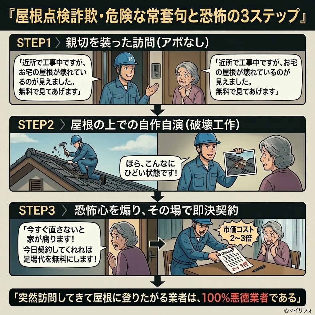『屋根点検詐欺・危険な常套句と恐怖の3ステップ』の手口を解説したインフォグラフィック。突然訪問した業者が屋根を自ら壊して不安を煽り、高額な契約を迫るまでの3つの巧妙なステップをイラストで解説。突然訪問して屋根に登りたがる業者は100%悪徳業者であるとの警告付き。©マイリフォ。