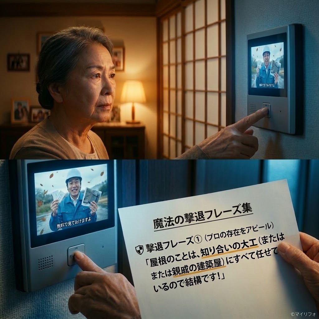 高齢者を狙った屋根点検詐欺をインターホン越しに追い返す方法を解説した2分割の図解。上部：高齢の女性が不安げにインターホンの画面（ヘルメット姿の怪しい営業マンが映る）を見つめている。下部：インターホンの通話ボタンを無言で切る様子と、手元の紙のクローズアップ。紙にはタイトル「魔法の撃退フレーズ集」と、具体的な「🛡️ 撃退フレーズ①（プロの存在をアピール）」として「「屋根のことは、知り合いの大工（または親戚の建築屋）にすべて任せているので結構です！」」と書かれている。離れて暮らす親を詐欺から守るためのマニュアル。右下に「©マイリフォ」のロゴ。