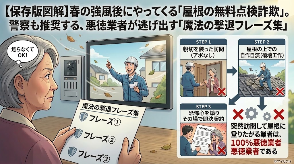 日本の屋根の無料点検詐欺を撃退する方法を解説した、警察推奨のインフォグラフィック図解。左側：高齢女性がインターホン画面（強風で瓦が飛ぶ中、屋根を指差す怪しい業者）を監視し、「魔法の撃退フレーズ集」と「焦らなくてOK!」という思考吹き出しを持つ。右側：業者の手口を説明する3ステップのフローチャート（アポなし訪問、自作自演の破壊工作、恐怖心を煽り即決契約）。中央：突然訪問して屋根に登りたがる業者は、100%悪徳業者であるという警告メッセージ。©マイリフォ。