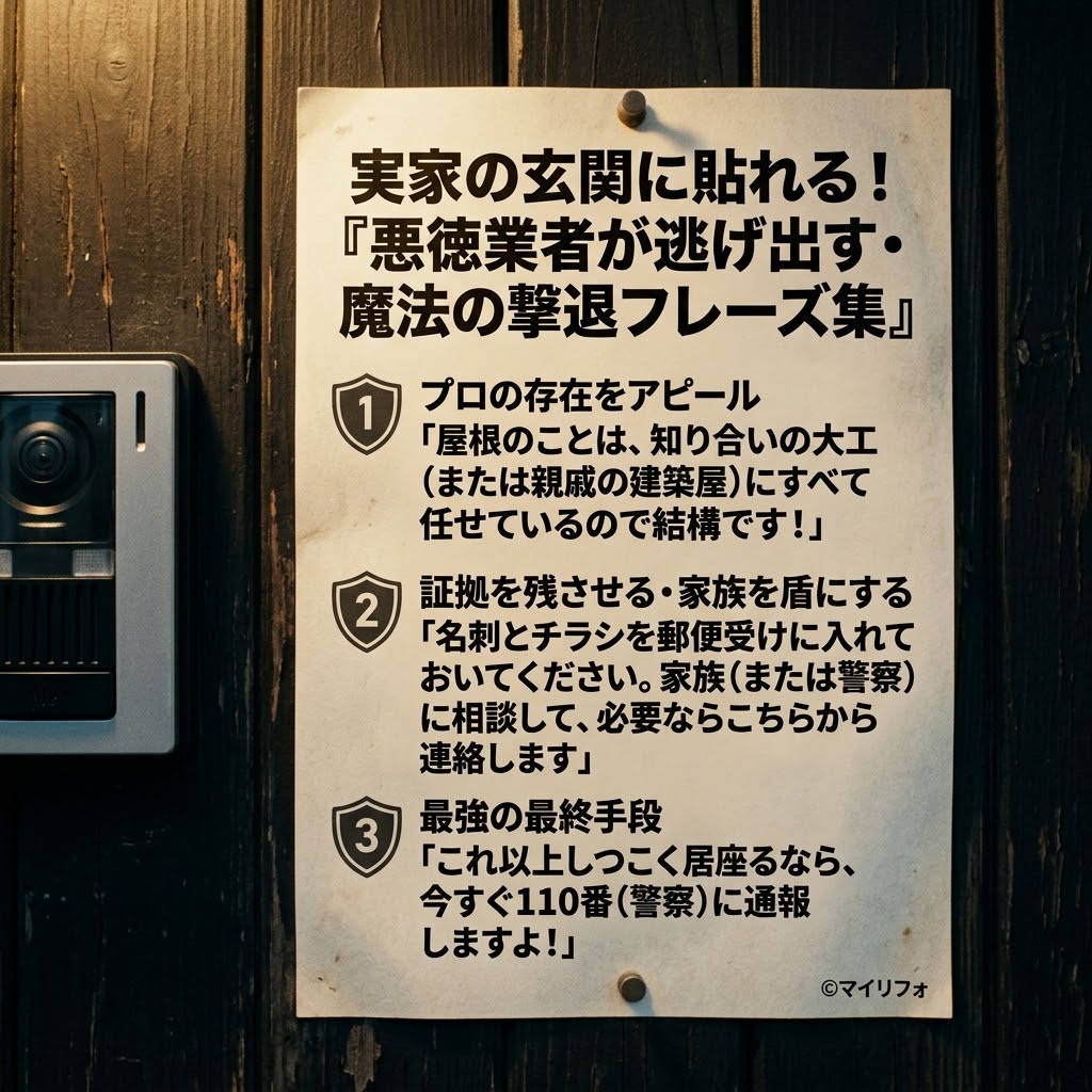 暗い木製の玄関ドアのインターホンの横に画鋲で留められた、「実家の玄関に貼れる！『悪徳業者が逃げ出す・魔法の撃退フレーズ集』」という日本語テキストのポスター。3つの撃退フレーズが盾のアイコンと番号（1〜3）と共に掲載されており、右下には「©マイリフォ」の透かしがある。暖かい光に照らされている。