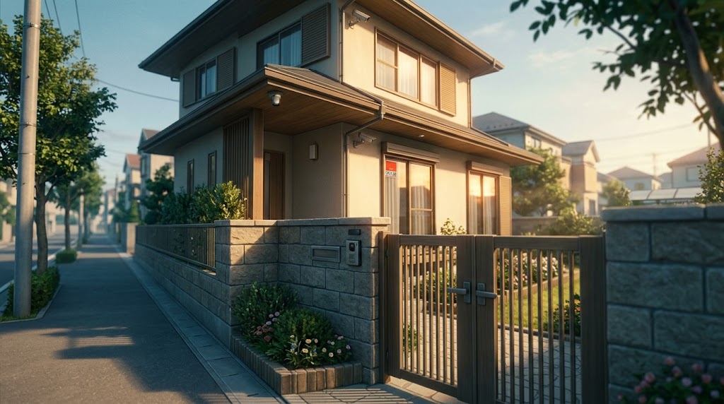 夕日が差し込む関東の中核都市の住宅街にある、現代的な2階建ての一軒家の外観。石積みの塀と木製ゲート、植栽、防犯カメラ、インターホン、セキュリティステッカーが見える。並木道。