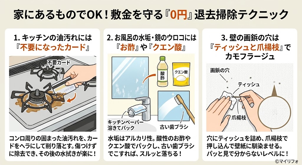 賃貸退去時に家庭にあるもので行う掃除術（原状回復対策）をまとめたインフォグラフィック。タイトルは「家にあるものでOK！敷金を守る『0円』退去掃除テクニック」。イラストを使い、「キッチンの油汚れには不要カード」「お風呂の水垢・鏡のウロコにはお酢やクエン酸」「壁の画鋲の穴はティッシュと爪楊枝」の3つの具体的なテクニックと効果を解説。右下に「©マイリフォ」の透かし。