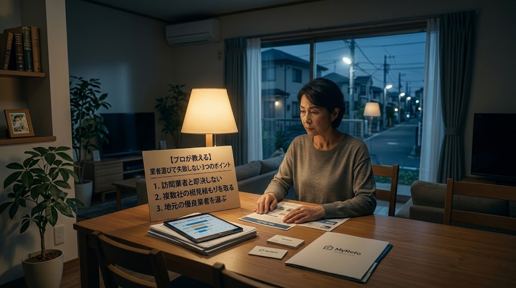 夜のリビングルームのテーブルで資料を前に熟考する中年の日本人女性。テーブルの上には『【プロが教える】業者選びで失敗しない3つのポイント(訪問業者と即決しない、相見積もりを取る、地元業者を選ぶ)』と書かれた看板と、『MyRefo』の資料やカードが置かれている。