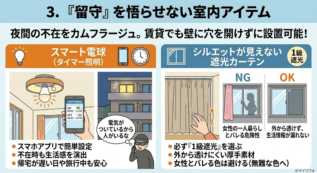 一人暮らしの女性が賃貸マンションで壁に穴を開けずにできる、留守を悟らせない防犯対策のインフォグラフィック。「3. 『留守』を悟らせない室内アイテム」というタイトルで、夜間の不在をカムフラージュするグッズを紹介している。左側は「スマート電球 (タイマー照明)」で、スマホアプリで点灯タイマーを設定する様子、室内照明、そして泥棒が電気がついている外観を見て侵入を諦める様子が描かれている。箇条書きで「スマホアプリで簡単設定」「不在時も生活感を演出」「帰宅が遅い日や旅行中も安心」と特徴を挙げている。右側は「シルエットが見えない遮光カーテン (1級遮光)」で、女性のシルエットが外から見える「NG」の薄いカーテンと、シルエットが見えない「OK」の厚手カーテンの対比イラスト。箇条書きで「必ず『1級遮光』を選ぶ」「外から透けにくい厚手素材」「女性とバレる色は避ける (無難な色へ)」とアドバイスが記載されている。全体は明るいイラスト調で、オレンジと青のカラーコードを使用。右下に「©マイリフォ」の透かし。