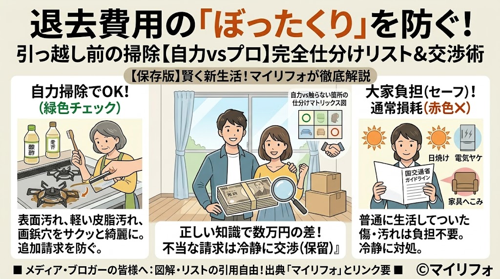 賃貸住宅の退去費用『ぼったくり』を防ぐための完全ガイド図解（保存版）。国土交通省のガイドラインに基づき、借主が負担すべき『自力掃除でOKな汚れ』（表面汚れ、皮脂、画鋲穴）と、大家が負担すべき『通常損耗』（日焼け、電気ヤケ、家具へこみ）の境界線をイラストで解説。正しい知識と冷静な交渉（その場でのサイン保留）で無駄な出費を抑える方法をまとめている。メディア・ブロガー向けに引用自由（出典「マイリフォ」明記とリンク要）であることを明記。MyRefo（マイリフォ）作成。